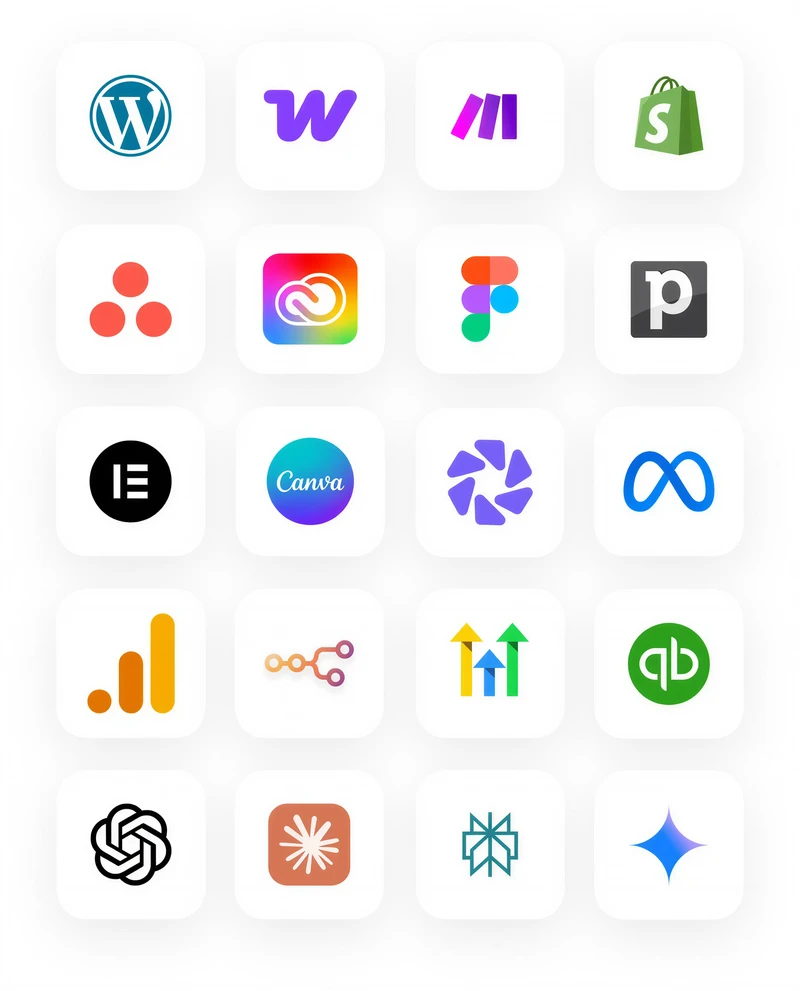 Logos des plateformes avec lesquelles nous travaillons : WordPress, Webflow, Make, Shopify, Asana, Adobe Creative Cloud, Figma, Pipedrive, Elementor, Canva, Meta, Google Analytics, n8n, Go High Level, QuickBooks, ChatGPT, Claude, Perplexity et Gemini