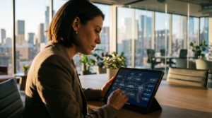 Woman using a tablet to access digital marketing resources in a modern office setting with city skyline view, illustrating the importance of marketing automation and SEO strategies for 2026.