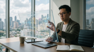 Man interacting with a transparent digital interface displaying marketing automation data, with a city skyline in the background, illustrating modern business strategies for 2026.