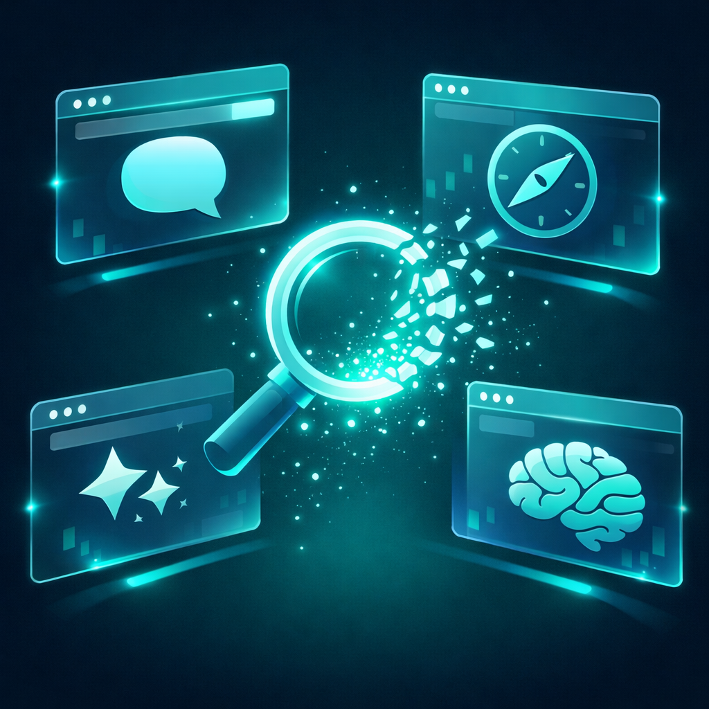 Loupe se brisant, entourée de fenêtres de navigation lumineuses affichant des icônes de chat, de compas, d'étoile et un cerveau, symbolisant les stratégies de référencement et de recherche basées sur l'IA pour le marketing numérique.