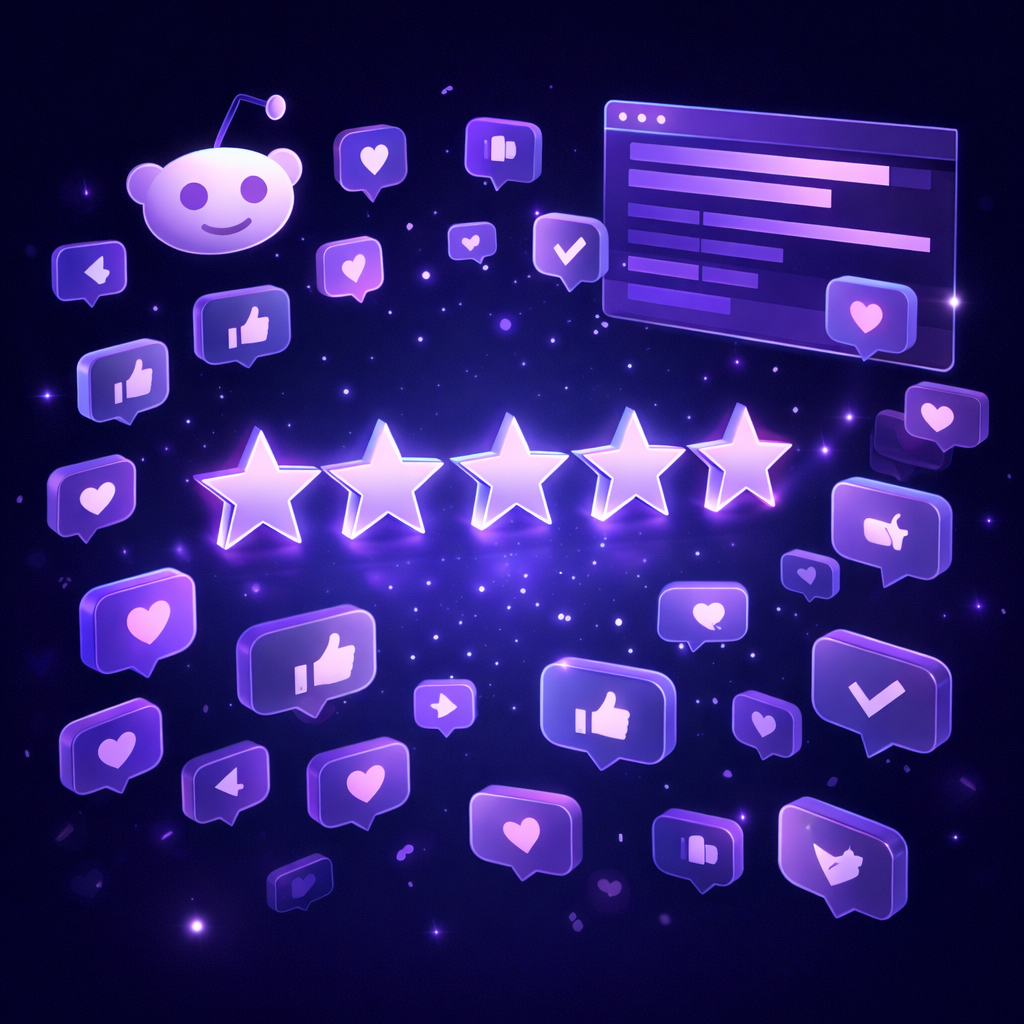 Représentation graphique d'avis et d'évaluations en ligne, avec cinq étoiles, des réactions sur les médias sociaux et un logo Reddit, illustrant l'importance des avis du monde réel dans le marketing numérique et la découverte pilotée par l'IA.