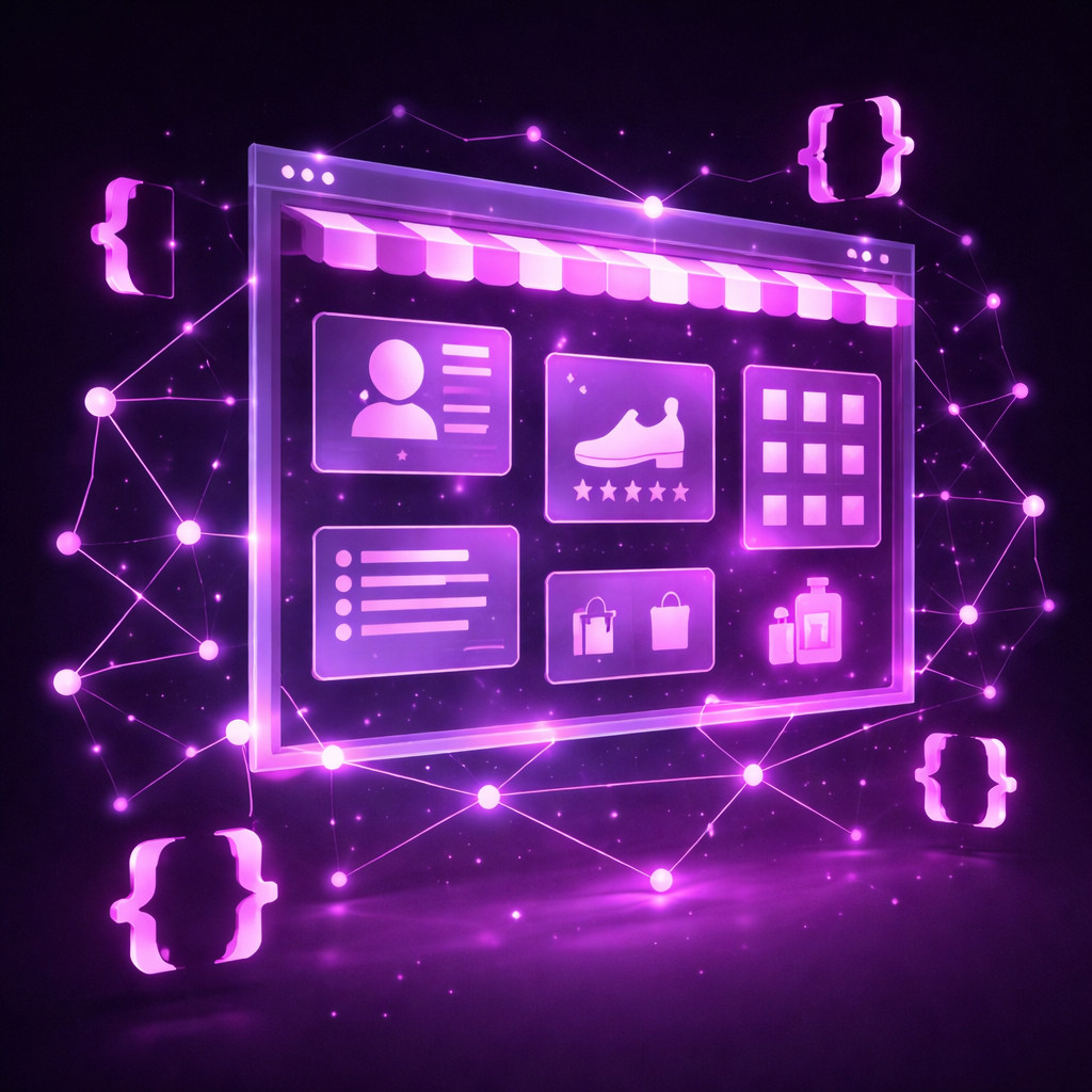 Interface de la vitrine numérique avec des profils d'utilisateurs, des évaluations de produits et des icônes d'achat, entourée d'un réseau de connexions lumineuses, symbolisant les stratégies de marketing et de visibilité basées sur l'IA.