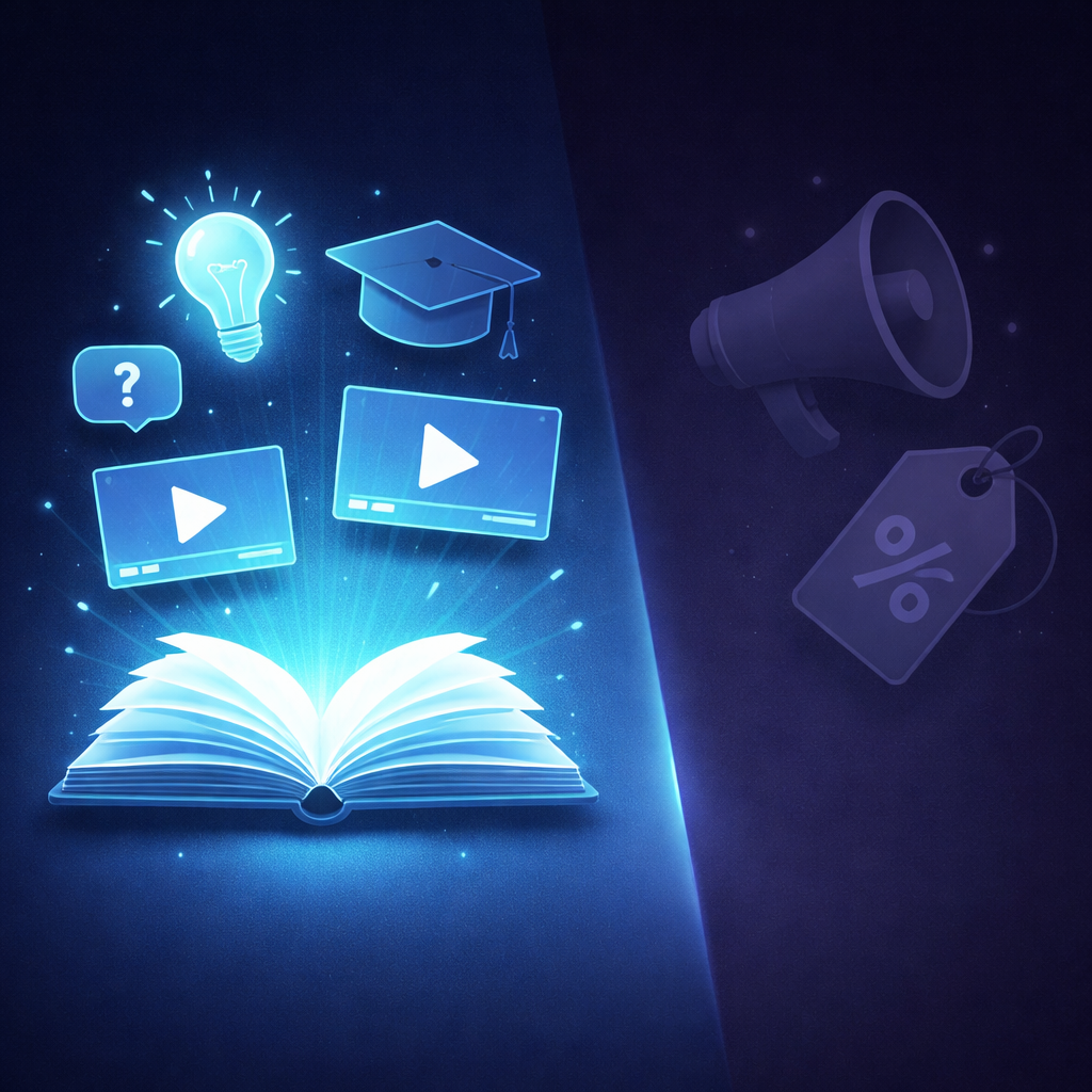 Livre ouvert aux pages lumineuses, comportant des icônes représentant une ampoule, un chapeau de fin d'études, un point d'interrogation, des lecteurs vidéo, un mégaphone et une étiquette de réduction, symbolisant le contenu éducatif et les stratégies de marketing numérique pour la visibilité de l'IA.