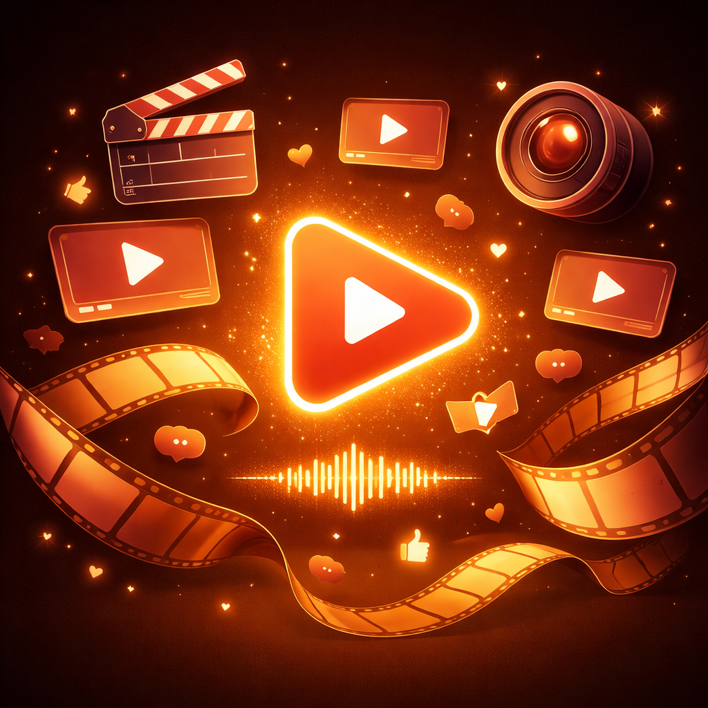 Contenu vidéo et éléments de production, y compris un bouton de lecture, une bobine de film, une caméra et une onde sonore, symbolisant l'importance de la vidéo dans le marketing numérique et la visibilité de l'IA.