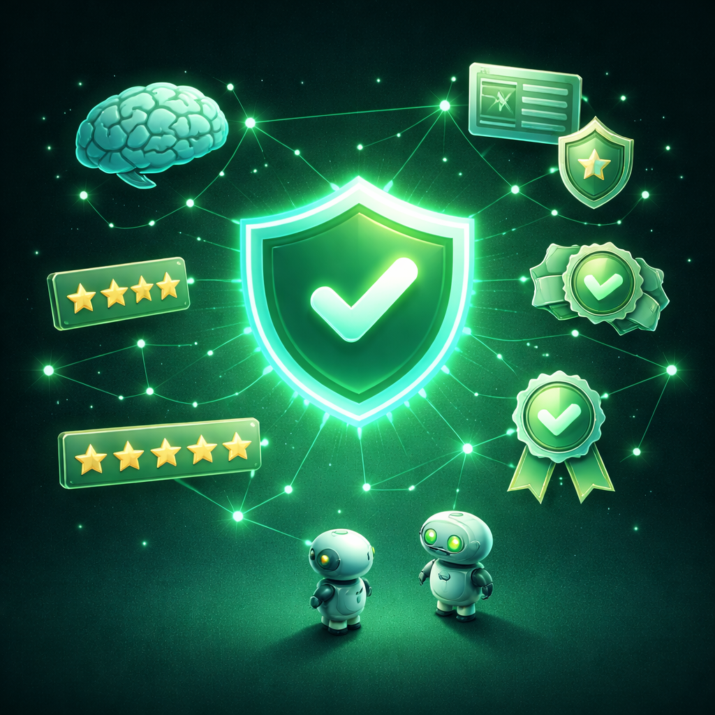 Des robots observant un bouclier lumineux symbolisant la réputation de la marque, entouré d'étoiles, de récompenses et d'un cerveau, représentant la découverte et la confiance fondées sur l'IA dans le domaine du marketing numérique.