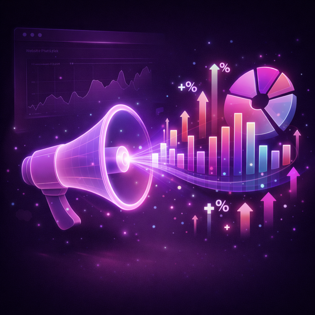 Mégaphone projetant des visualisations de données, notamment des graphiques à barres et des diagrammes à secteurs, symbolisant les mesures de marketing et la visibilité de la marque dans le paysage numérique.