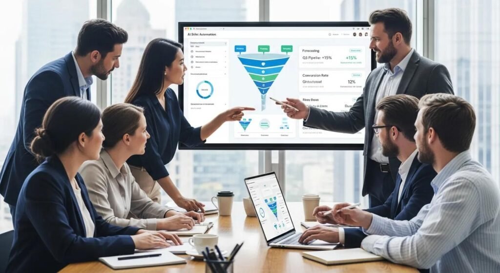 Équipe de vente collaborant autour d'un logiciel d'automatisation des ventes basé sur l'IA lors d'une réunion dynamique