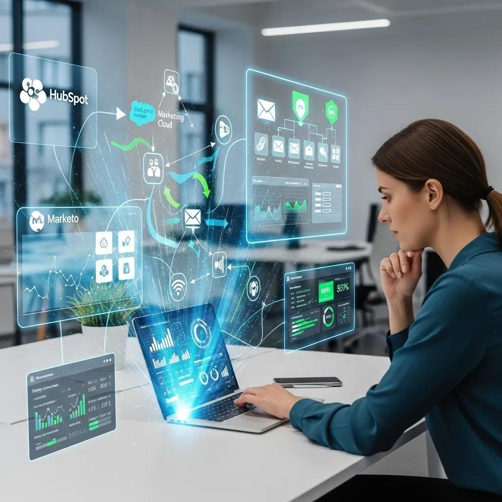 Professionnel du marketing examinant des analyses alimentées par l'automatisation de l'IA dans un bureau contemporain