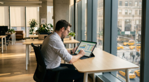 Man analyzing performance data on a tablet in a modern office setting, with city view and greenery, relevant to digital marketing strategies and SEO insights.
