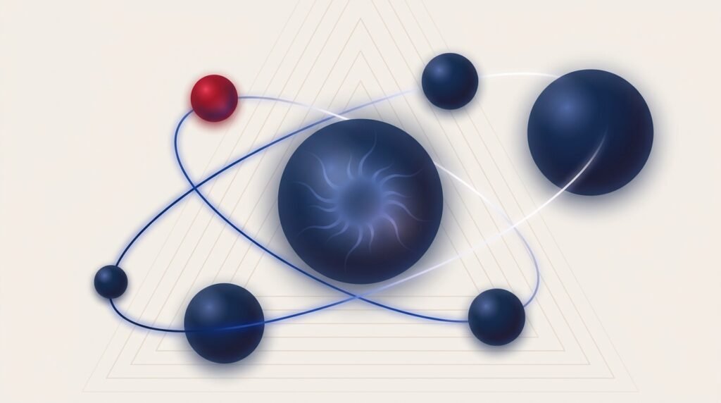 Constellation de sphères interconnectées convergeant vers un orbe central lumineux, représentant les canaux de marketing alimentés par l'intelligence artificielle